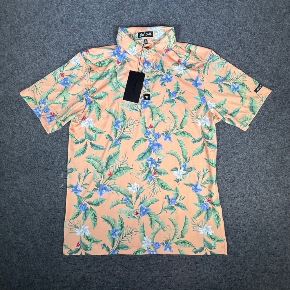 Bad Birdie Mens Flora Fiesta Core Polo BBMP001-684 Peach Floral Golf Shirt M NEW